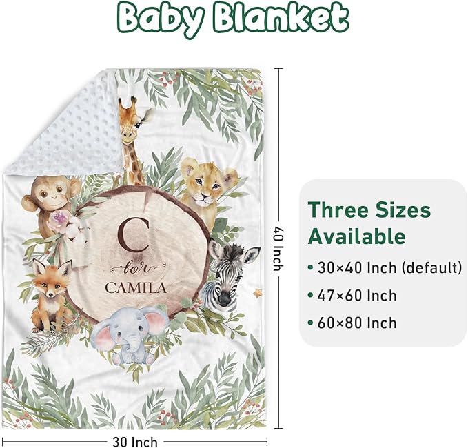 Personalized Baby Crib Bedding Set - Custom Name Animals and Forests 3 Pcs Set - Soft Blanket with Double Layer Dotted Backing, Fitted Sheet, Room Rug for Newborns Boys Girls Shower Gift