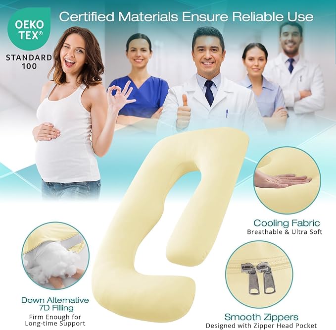 Sasttie Pregnancy Pillows for Sleeping, U Shaped Cooling Full Body Pregnancy Must Haves, 57 Inch Maternity Pillow for Pregnant Women, Pillow with Removable Cover for Side Sleeper, Light Yellow