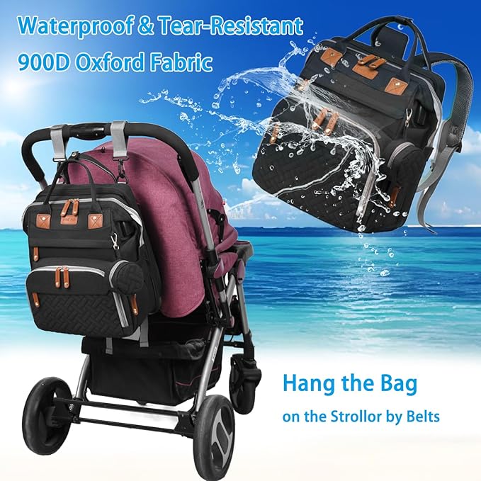 Jeryswet Baby Diaper Bags with Changing Station, Waterproof Large Capacity Diaper Bag Backpack for Moms Dads with USB Charging Port and Stroller Straps, Baby Shower Gifts, Black