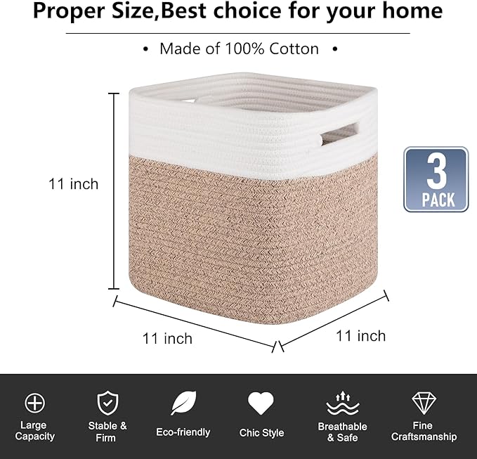 OIAHOMY Cube Storage Basket, 3-Pack Woven Cotton Rope Baskets, 11-Inch Cube Basket with Handles, Great for Shelves, Closets, Children's Toy Organization - White & Brown