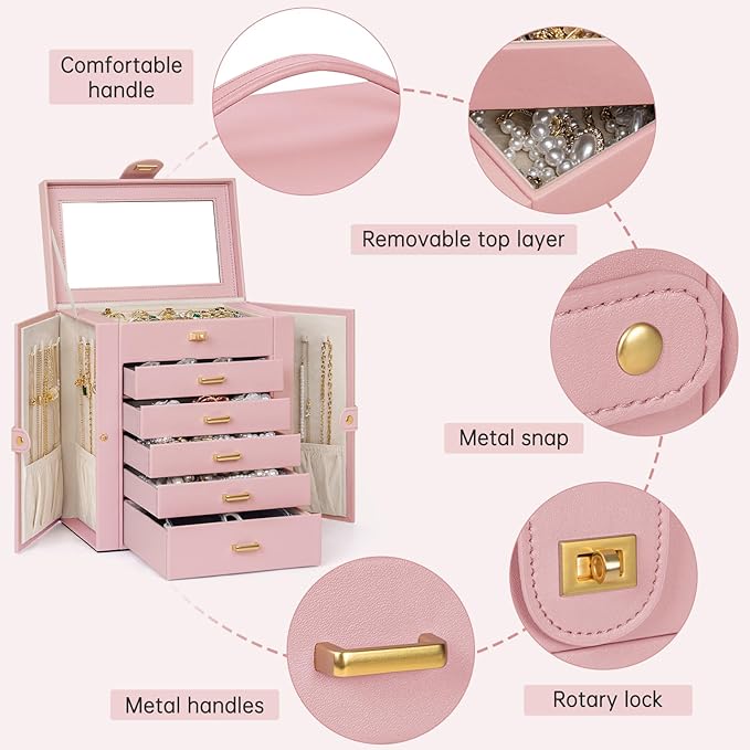 AKOZLIN 6-Tier Jewelry Box Organizer Functional 5 Drawers Leather Jewelry Storage Case for Women Girls Ring Necklace Earring Bracelet Holder Organizer with Mirror Pink