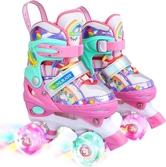 4-Pejiijar Rainbow Unicorn Kids Roller Skates for Girls Toddler Ages 2-4 5-8 8-12,Adjustable Roller Shoes with Luminous Wheels for Birthday Xmas Gifts