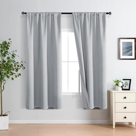 XWZO 100% Blackout Curtain Panels - Rod Pocket Thermal Insulated Black Liner, Noise Reducing and Heat Blocking Drapes for Hall and Studio Windows with Tiebacks, Light Grey, W42 x L72, Set of 2