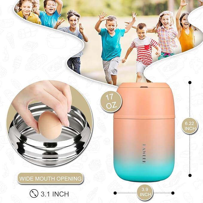 Insulated Food Container 17 oz Soup Thermo for Hot Food Adults, Stainless Steel Vacuum Lunch Box with Folding Spoon, Adult Kids Thermo Portable with Handle for School, Office, Outdoor