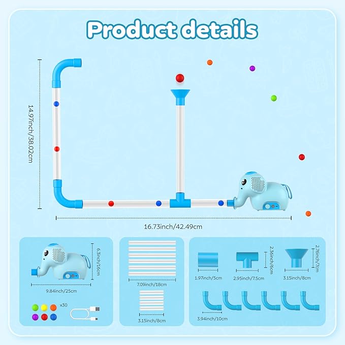 STEM Air-Powered Building Toys for Kids Ages 3 4 5 6 7 8+– Educational Air Tubes Toy& Turbine Set with 30 Foam Balls – Rechargeable Construction Kit for Boys & Girls – Fun Science Gift for Teens