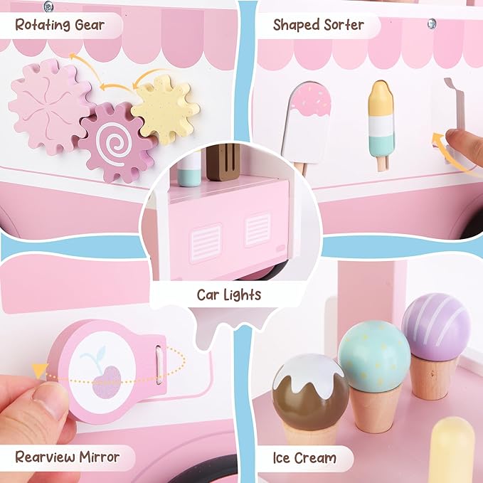 Asweets Wooden Baby Push and Pull Walker with Wheels, Learining Acticity Walker for Boys & Girls, Multiple Activities Center, Develops Motor Skills & Stimulates, 17.3''L x 9.1''W x 18.1''H