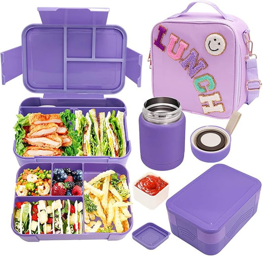 Preppy Lunch Box for Girls with 10oz Thermo, with 6 Compartment Bento Box, Purple Nylon Insulated Lunch Bag Adjustable Strap for Girl Kids Teens School Travel Picnic