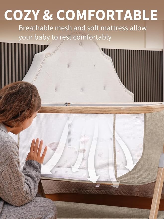 Baby Bassinet, Bassinet Bedside Sleeper with Waterproof Bassinet Sheets and Soft Mattress, Safe Adjustable Height Bedside Bassinets with Wheels, Girl/Boy Bassinets, Khaki