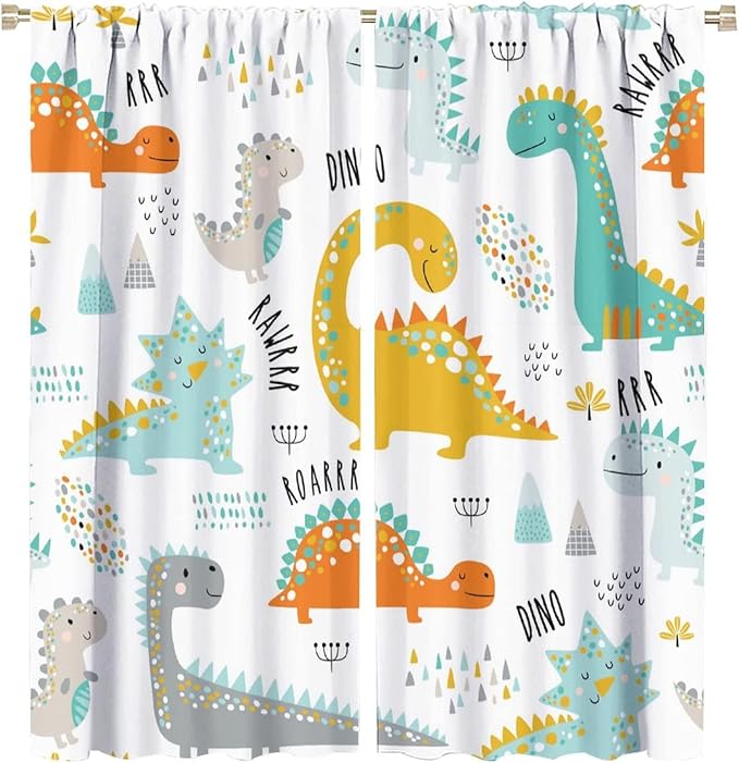 Dinosaur Curtains for Kids Boys Girls Home Decor Childish Cute Dino Animals Print Pattern Rod Pocket Blackout Window Drapes for Nursery Baby Bedroom Playroom W31.5xL72in 2 Panels
