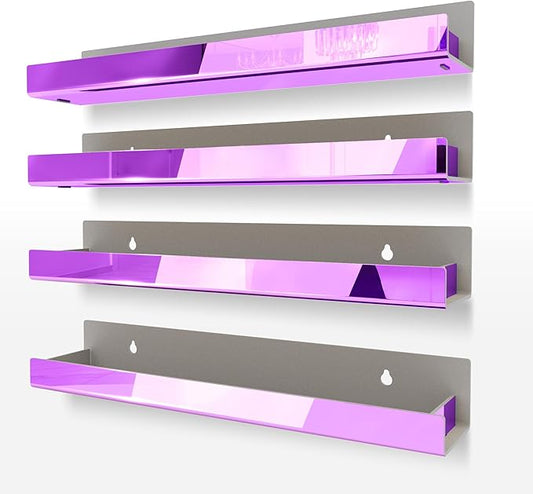 4 Pack 15 Inch Purple Reflective Acrylic Shelves, Purple Floating Shelves, Modern Sunglasses Essential Oil Picture Ledge Display Toy Storage Shelf