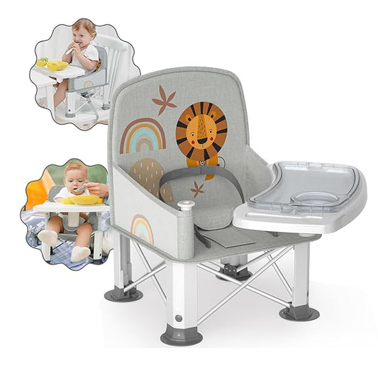 Baby Travel Booster Seat with Double Tray, BabyBond Upgraded Toddler Portable Baby Chair, Booster Seat for Dining Table, Stable and Foldable Booster Baby Chair for Indoor/Outdoor (Grey Lion)