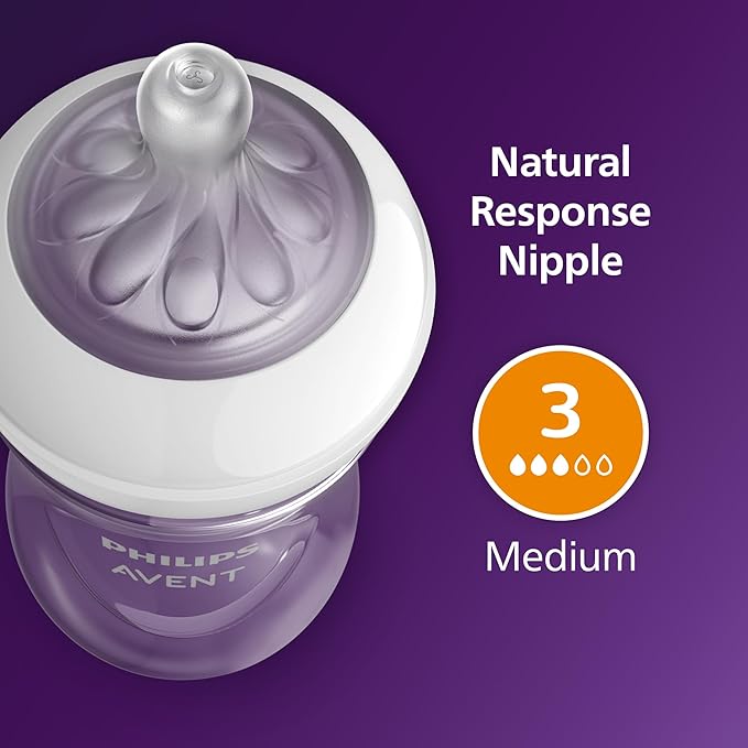 Philips Avent Natural Baby Bottles with Natural Response Nipples (Medium Flow, Flow 3), 9oz, Purple, 4-Pack, SCY903/34