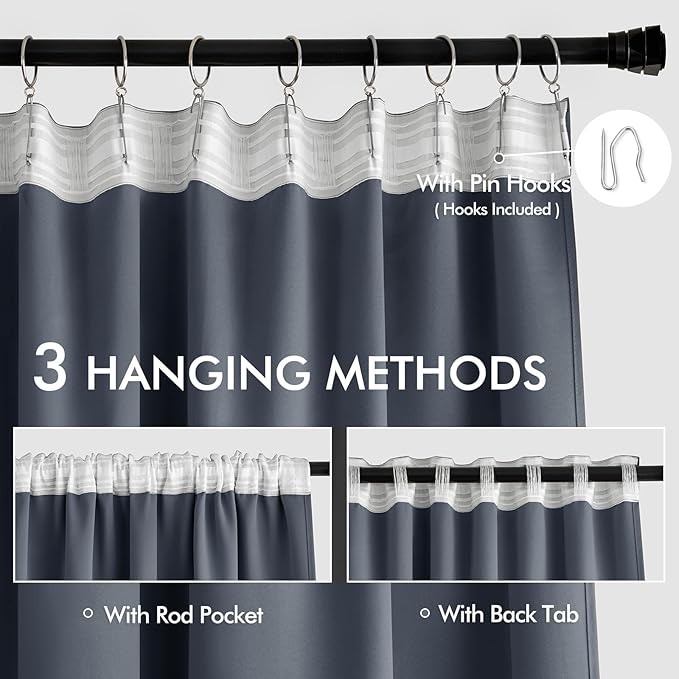 MIULEE Stone Blue Back Tab Blackout Curtain 96 Inch Long 2 Panels Set for Bedroom, Rod Pocket/Pinch Pleat Thermal Insulated Living Room Darkening Pleated Light Blocking Floor to Ceiling Drape