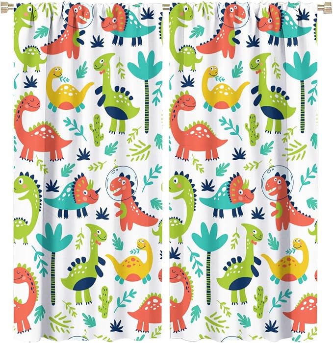Rustic Dinosaurs Curtains Colorful Dino Kids Boys Cartoon Cute Cool Funny Decor Printed Blackout Rod Pocket Window Drapes for Living Room Bedroom W31.5xL72in 2 Panels