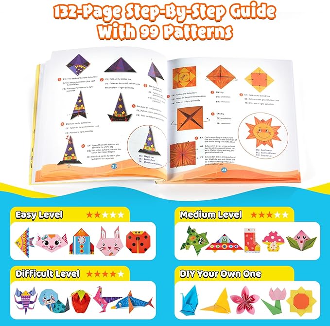 Origami Kit for Kids Ages 5-8 8-12, 260 Sheets Origami Paper with 99 Patterns and Guiding Book, Funtopia DIY Craft Art Projects Supplies for Boys Girls, Travel School Vacation Activities Toy