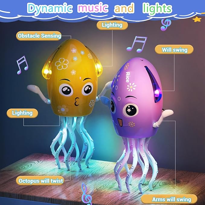 Dancing Octopus Toy Electric Crawling Baby Toy with Lights & Music Tummy Time Octopus Toy | DIY Expressions, Obstacle Avoidance | for Boys and Girls Party Gift Birthday, Christmas (Green)