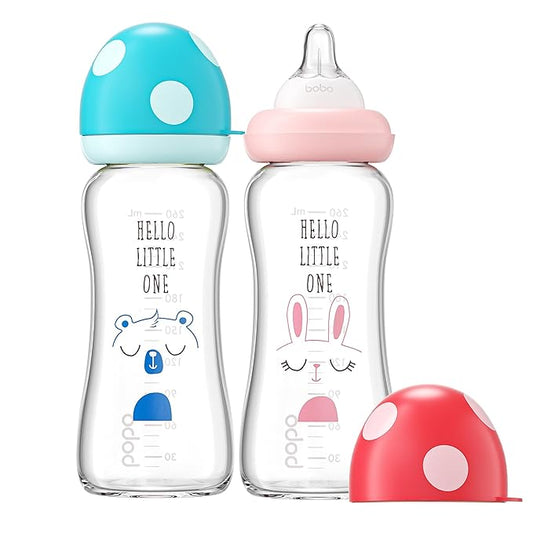 YOHKOH Natural Glass Baby Bottle with Natural Response Nipple, Newborn Anti-Colic Baby Bottles, Wide Neck Mushroom Cap Baby Bottle, Clear (8.8ounce (Pack of 2), Multicolour1)