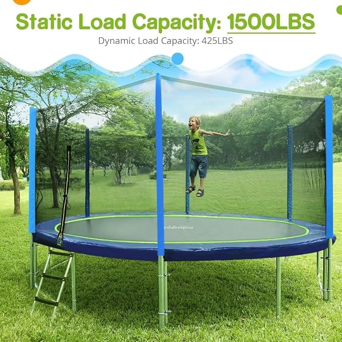 Zupapa Trampolines No-Gap Design 1500 LBS Weight Capacity 16 15 14 12 10 8FT for Kids Children with Safety Enclosure Net Outdoor Backyards Large Recreational Trampoline