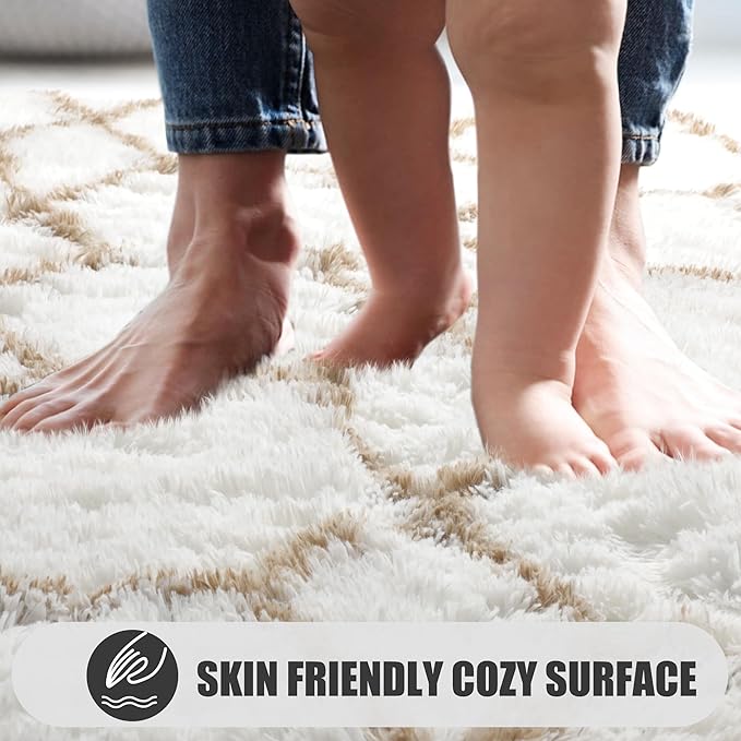 ONASAR Large Area Rugs for Living Room, 7x10 White and Beige Bedroom Rug, Washable Geometric Boho Soft Plush Shaggy Fuzzy Floor Carpet Mat for Nursery Kids Girls Boys Teen Dorm Home Decor