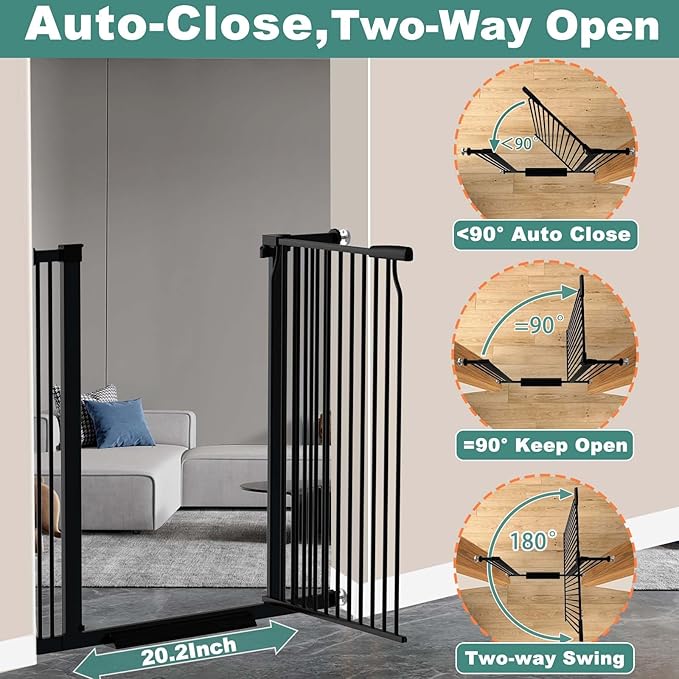 40.5" Extra Tall Baby Gate for Stairs, 57.5"-60.2" Extra Wide Dog Pet Gate No Drill, Narrow Bar Dog Gates Barrier Indoor, Adjustable Tension Safety Gate, Auto Close No Climb Fence Black