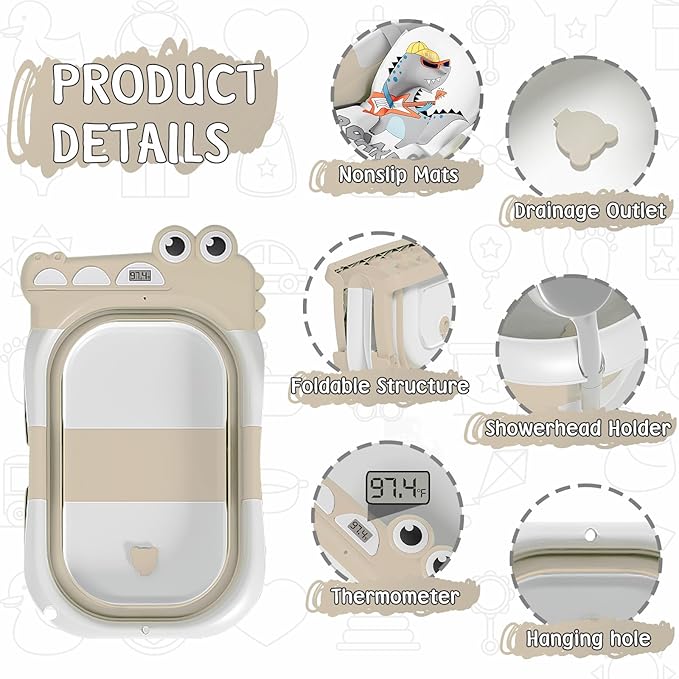 TPN Collapsible Baby Bathtub, Baby Bath Tub with Soft Cushion & Real-Time Thermometer, Baby Bathtub Infant to Toddler Tub (0-36 Months), Portable Newborn Travel Bath tub