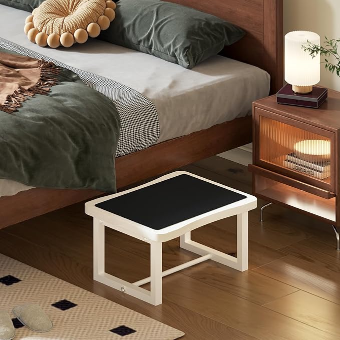 Wooden Step Stool with 500 Pounds, Wide Bed Step Stool for Adults，Wood White Step Stool&Stable Solid Metal Frame for Kitchen, Bedroom, Living Room, Bathroom