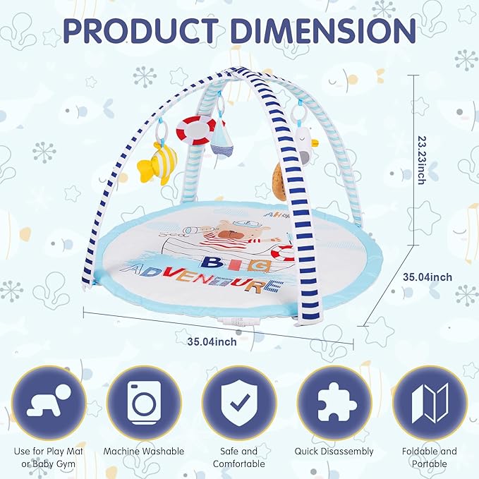 Activity Gym, Baby Play Gym Mat for Toddlers, 0-18 Months Tummy Time Play Mats, Infant Play Gym with Detachable Toys for Sensory Exploration and Motor Skill Development, PM2406