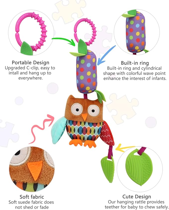 BLOOBLOOMAX Baby Soft Hanging Rattle, Car Seat Stroller Toys with Plush Animal C-Clip Ring for Infant Babies Boys and Girls 3 6 9 to 12 Months (4pcs)