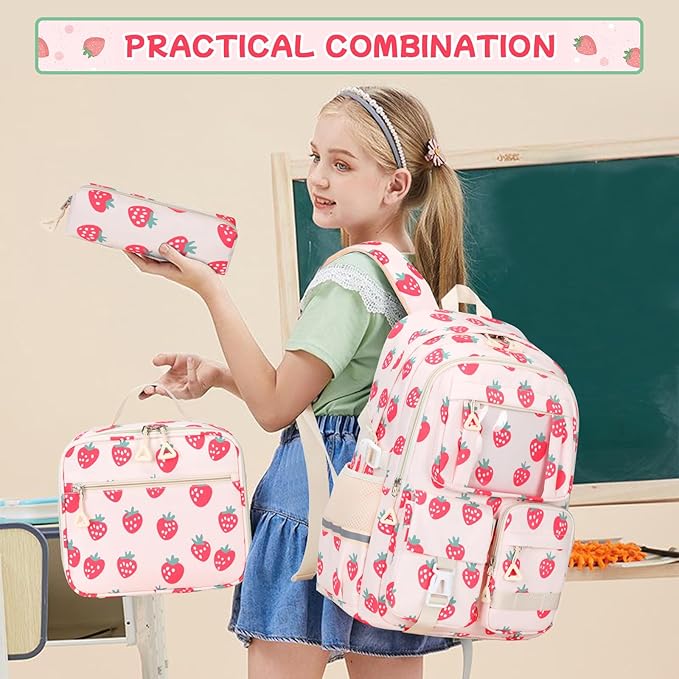 Backpack for Girls 3pcs Set Kids Backpack with Lunch Box Students Kawaii Book Bag for Elementary Primary Middle School Bags - Ita Backpack - Strawberry