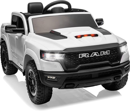Licensed Ram 1500 RHO 12V Kids Ride on Truck, Toddler Ride on Toys with Remote Control, Children Electric Vehicles with Truck Bed Storage, Smooth Start, Music, Bluetooth (White)