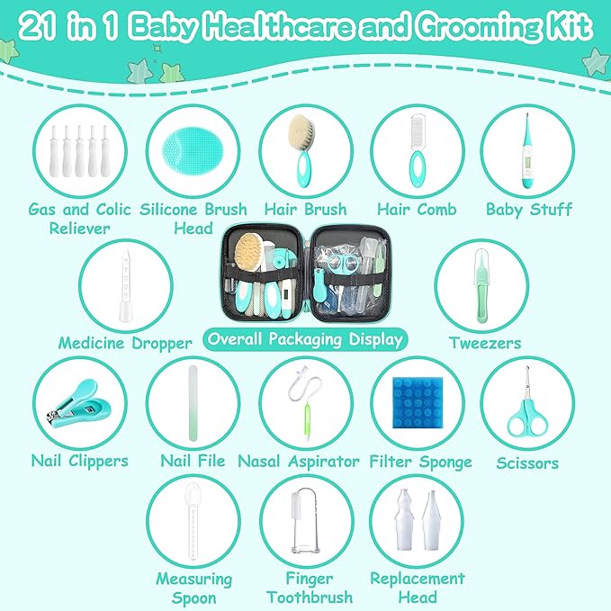 Baby Healthcare and Grooming Kit, 21 in 1 Portable Baby Essentials Kit with Gas Relief Hair Brush Comb Nasal Aspirator for Newborn Boys Girls (21 Kits-Green)