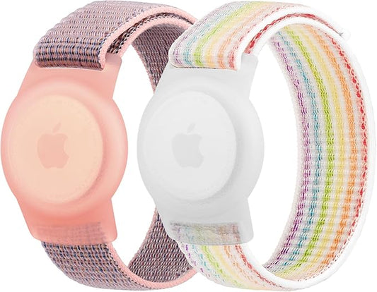 Kids Wristband Protective Case Compatible with Apple AirTag, Adjustable Nylon Bracelet for Air Tag GPS Tracker Holder with Anti Lost Watchband for Toddler Child Kids (Pink+White Rainbow)