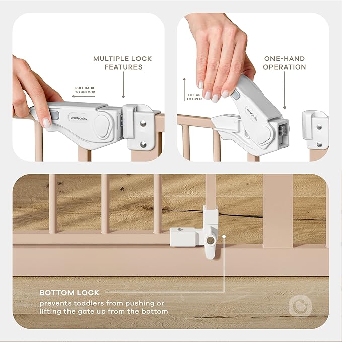 Comfy Cubs Baby Safety Gate with 3 Extensions - Adjustable 42" x 1.9" x 30" Q195 Steel Doorway Barrier - Powder-Coated Finish for Stairs and Doorways - Walk-Through Design Pet Gate - Blush