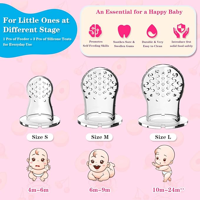 Baby Fruit Food Feeder - Silicone Nibble Tray Combo - Breastmilk Popsicle Mold for Cooling Relief, BPA Free Mesh Feeder for Infant Self Feeding (Deer Pink + Pineapple)