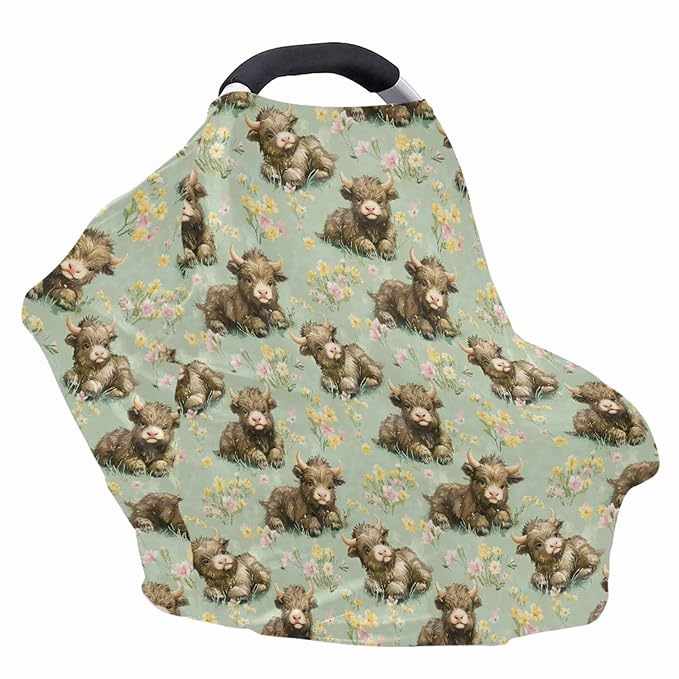 Binienty Highland Cow Baby Car Seat Cover for Boys Girls,Boho Floral Infant Carseat Cover Multi Use Baby Nursing Cover, Shopping Cart/High Chair/Stroller Cover