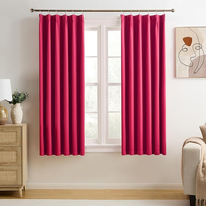 KEQIAOSUOCAI Pinch Pleated Hot Pink Blackout Curtains 63 Inches Long, Sound & Light Reducing Room Darkening Drape for Girl's Bedroom(Hot Pink, 2 Panels, W40 x L63)