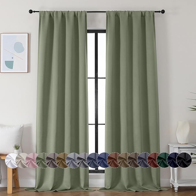 Simplebrand Ava Sage Green Blackout Curtains for Bedroom 96 Inches Long 2 Panels, Solid Thermal Insulated, Energy Saving Living Room Window Treatment Curtains Blackout Drapes, W40 x L96 Inch, Sage