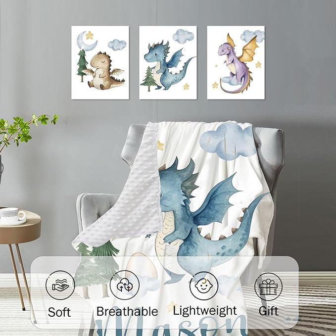 Personalized Baby Crib Bedding Set for Baby Boys Girls, Blue Dinosaur Design Custom Name Baby Crib Sets 5-Pcs, Toddler Double Layer Blanket Fitted Sheets Changing Pad Cover Rug Wall Art Set