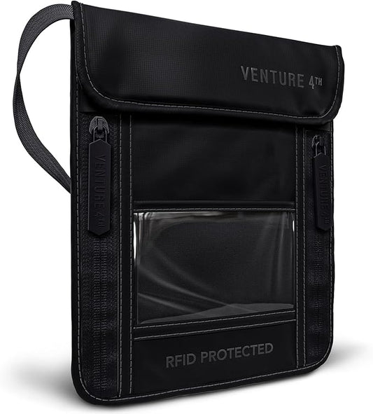 VENTURE 4TH Passport Holder Neck Wallet with RFID Blocking Nylon Lining - Hidden Neck Pouch for Travel (Sleek Black)