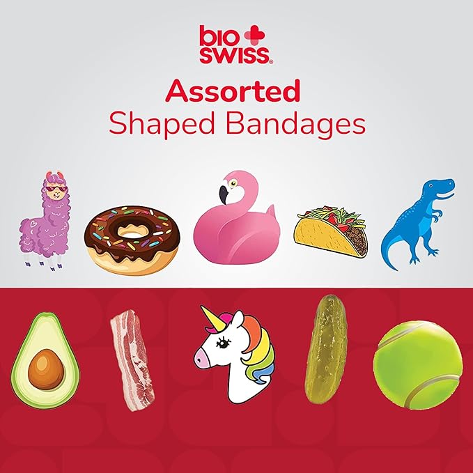 BioSwiss Bandages, Assorted Animal, Fun, and Food Shaped Self Adhesive Bandage, Latex Free Sterile Wound Care, 300 Count