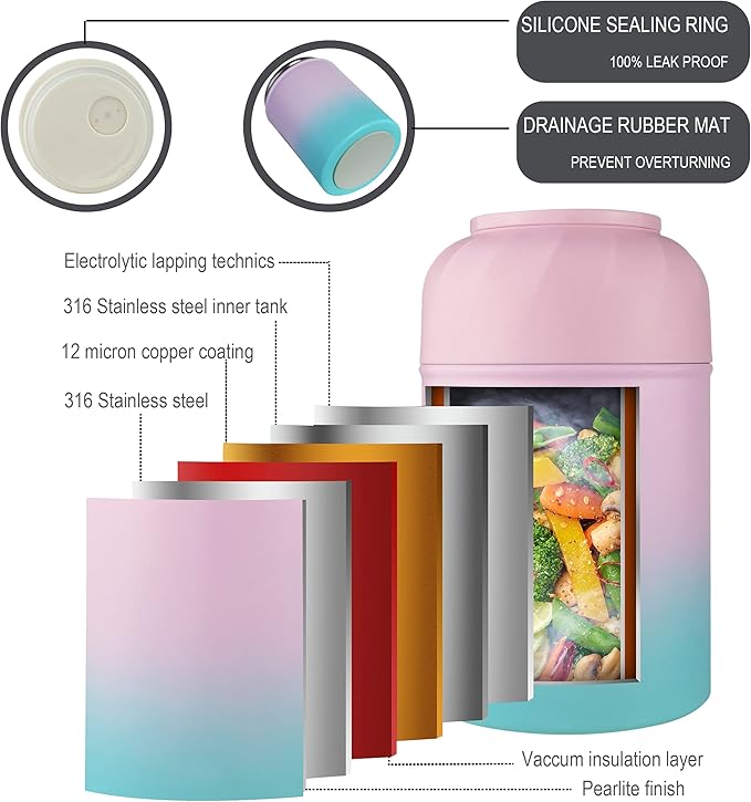 Soup Thermo for Hot Food & Drinks, Thermo Lunch Box for Kids, 17oz Vacuum Insulated Food Container with Spoon&&Drawstring Bag, Soup Therm for Adults, Pink&Green