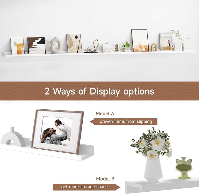 Floating Picture Ledge Shelves for Wall Set of 2, 95 Inches Picture Ledge Shelf with Long Large Nursery Book Shelf for Toys Storage Kids Bookshelf Wall Mounted Living Room Bedroom Decor Frames, White