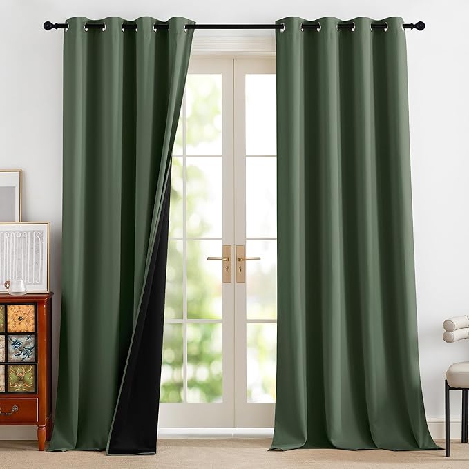 NICETOWN 100% Blackout Greyish Green Window Curtains 96 inches Long 2 Panels Set for Bedroom, Thermal Insulated Grommet Drapes, Room Darkening Curtain for Living Room(W52 x L96 Inch)