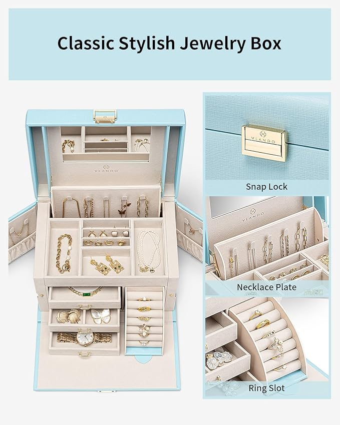 Vlando Jewelry Box Organizer for Girls Women, Large Baroque Jewelry Holder Organizer with Mirror, 3 Drawers for Bracelets, Earrings, Rings, Necklaces, Mothers Day Gifts for Loved One, Blue