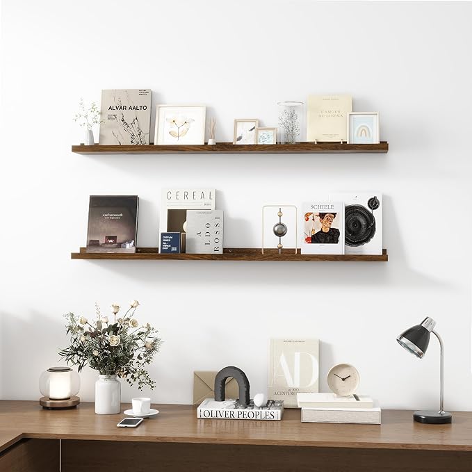 Picture Ledge Shelf, Wood Long Floating Shelves for Wall, Set of 2, 48 inch Picture Ledge Shelves, Photo Ledge Nursery Book Shelves Wall Mounted for Living Room Kids' Room Bedroom, Color Walnut