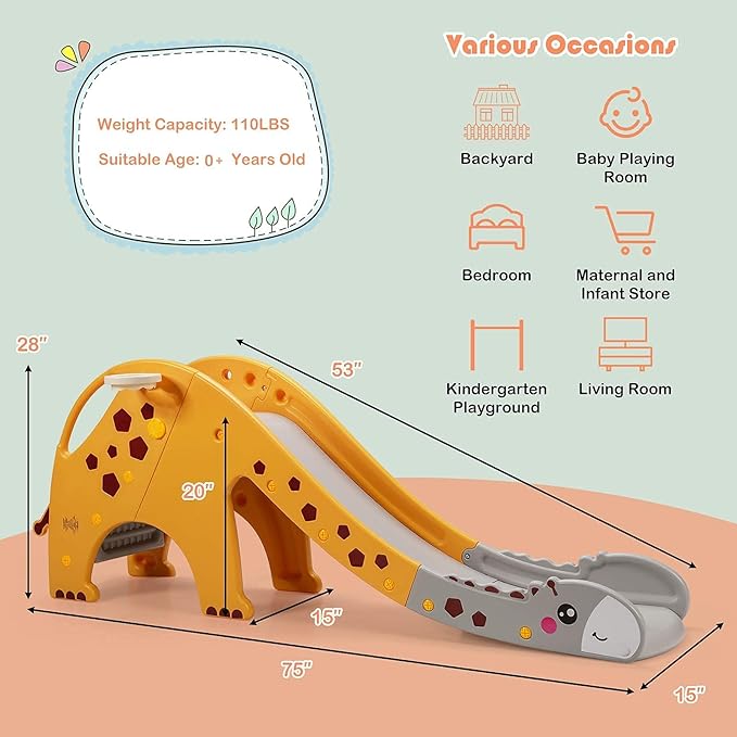 BABY JOY Toddler Slide, Kids Large Slide Play Climber Set with Long Slipping Slope, Basketball Hoop and Ball, Enclosed Steps, Easy Assemble Indoor Outdoor Backyard Freestanding Slides for Kids Age 1-8