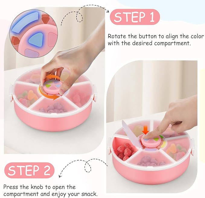 Kids Reusable Rotating Snack Container with 5 Separate Compartments, Color Matching Opening Lid, BPA/PVC-Free, Dishwasher Safe, Perfect for Travel, School Lunches & On-the-Go Snacking-Pink