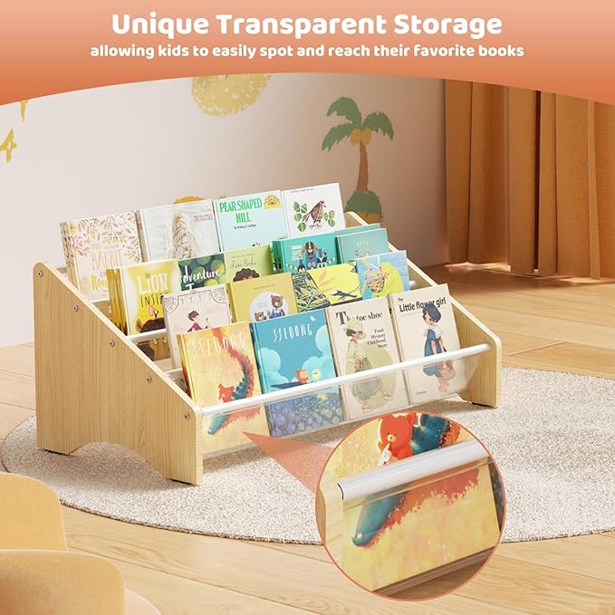 Sturdy Wooden High-Transparent 4 Tier Kids Bookshelf, Perfect Kid-Friendly Height Book Shelf for Kids Rooms - Toddler Book Shelf Display for Nurasery, Deep Size Bookshelf Hold More Books