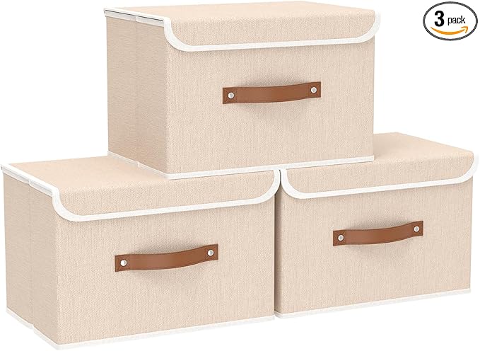 Yawinhe Collapsible Storage Boxes, Linen Fabric Baskets, Bin with lid and Leather Handle, Washable, for Home, Closet, Beige, 17.7''Lx11.8''Wx11.8''H, 3-Pack, USNK024BEX-3