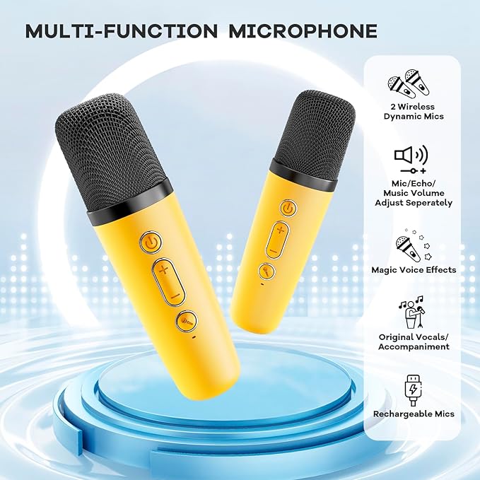 YLL Mini Karaoke Machine for Kids Adults, Portable Bluetooth Speaker with 2 Wireless Microphones, Birthday Gifts Toys for Girls Boys Ages 3, 4, 5, 6, 7, 8, 9,10,11,12+ Years Old Toddler (Yellow)